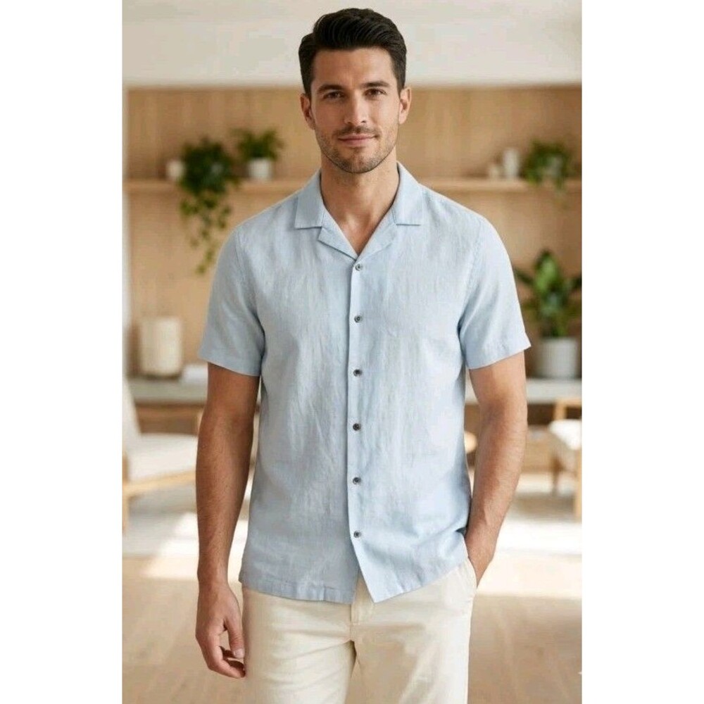 ASOS Men Light Blue Linen Blend Boxy Camp Collar Short Sleeve Button Shirt Large